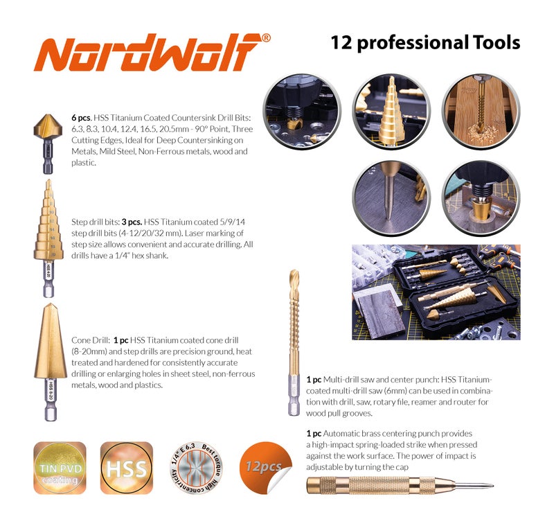 NordWolf 12-Piece HSS Titanium Metric Step, Countersink, Cone Drills with 1/4" Hex Shank, Multi Drill Saw & Automatic Center Punch Set in Storage Case - Image 3